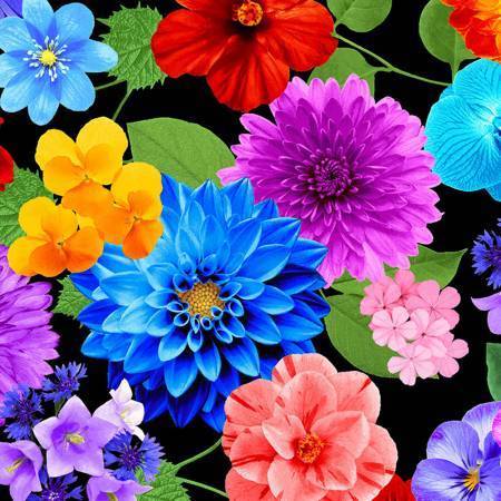 Black Variety of Vibrant Florals Kaleidoskopstoff Rapport 30 cm